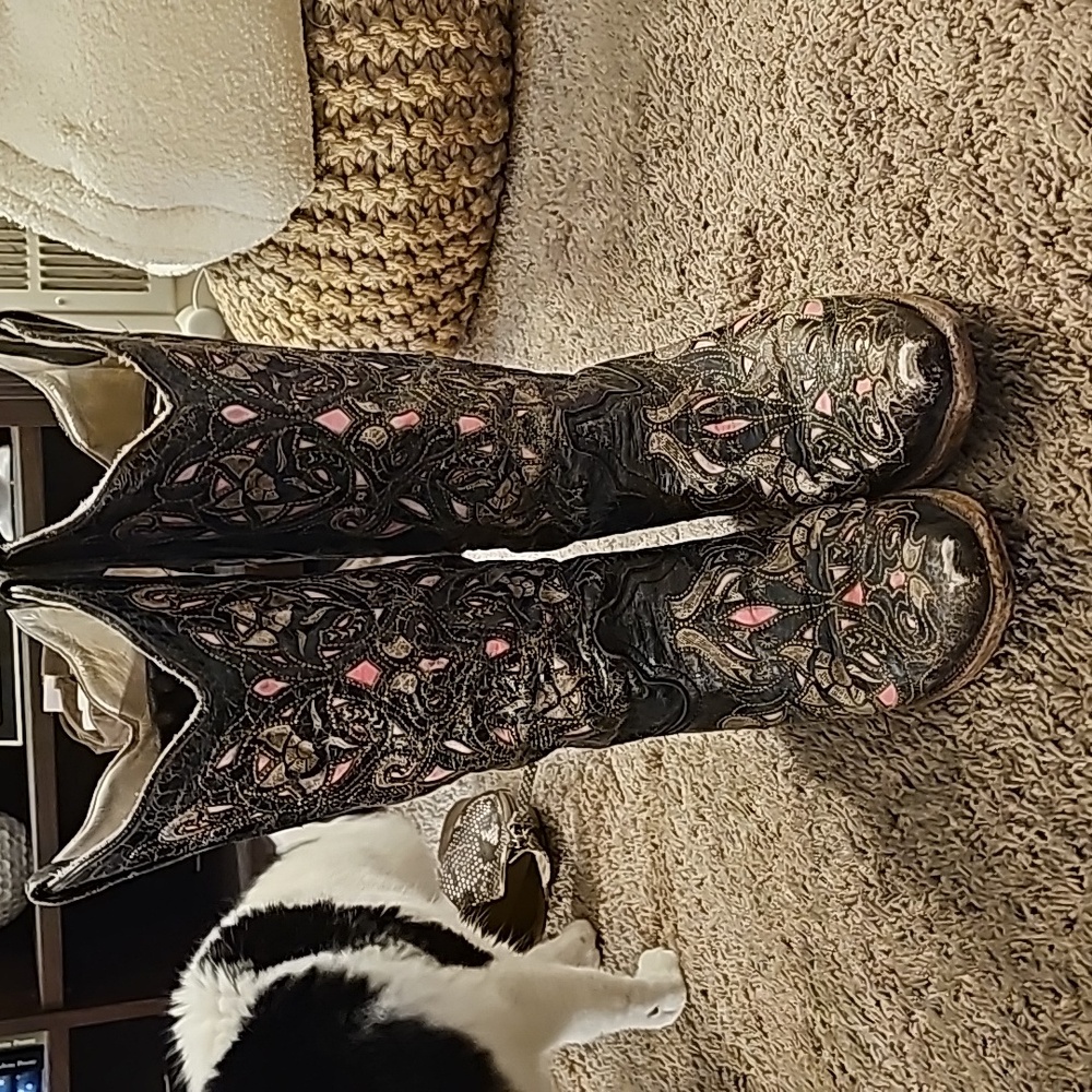 Custom women's size 10 cowboy boots black hot pink grey